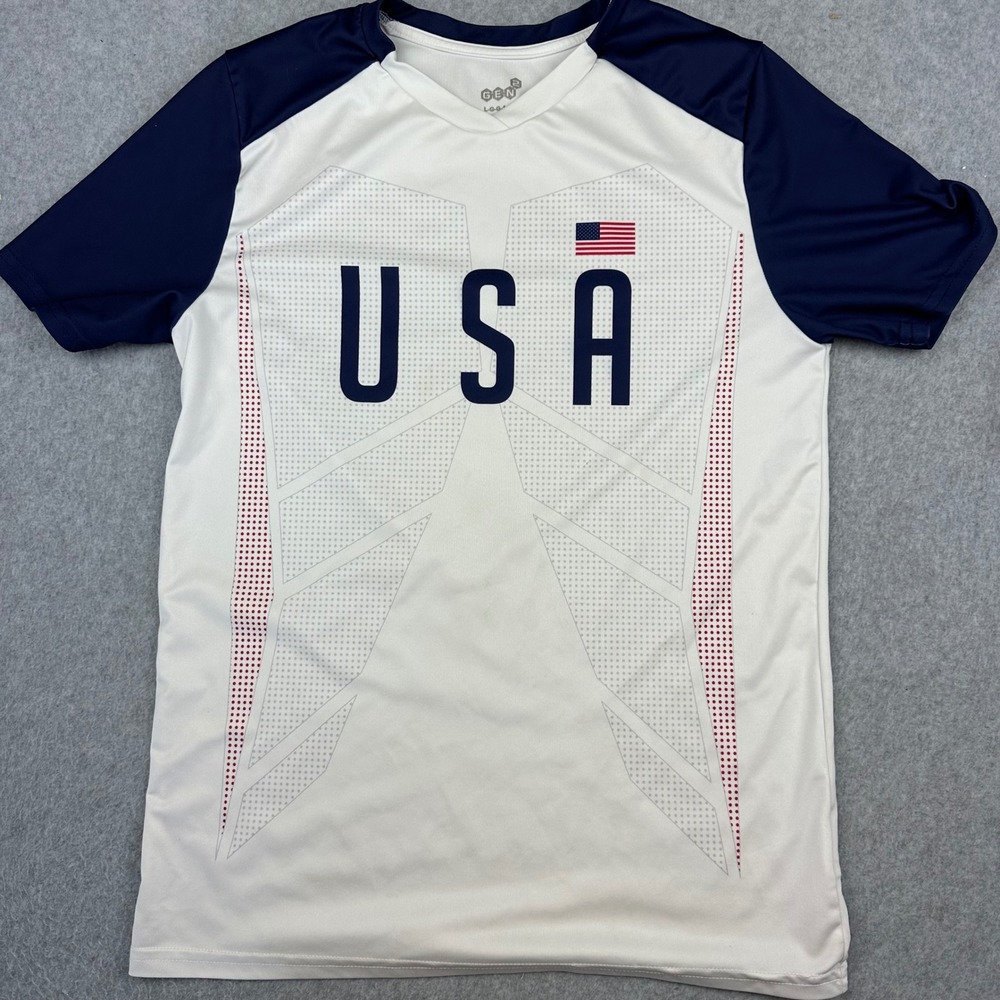 Gen2 USA Soccer Jersey White Navy Blue Graphic Short Sleeve Shirt Large 14/16